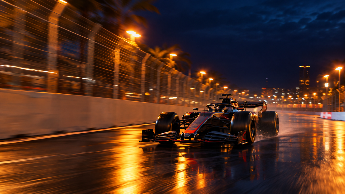 A Formula 1 car at speed under floodlights on a wet street circuit, motion blurred against concrete barriers and catch fencing, warm orange trackside lighting reflecting off the asphalt