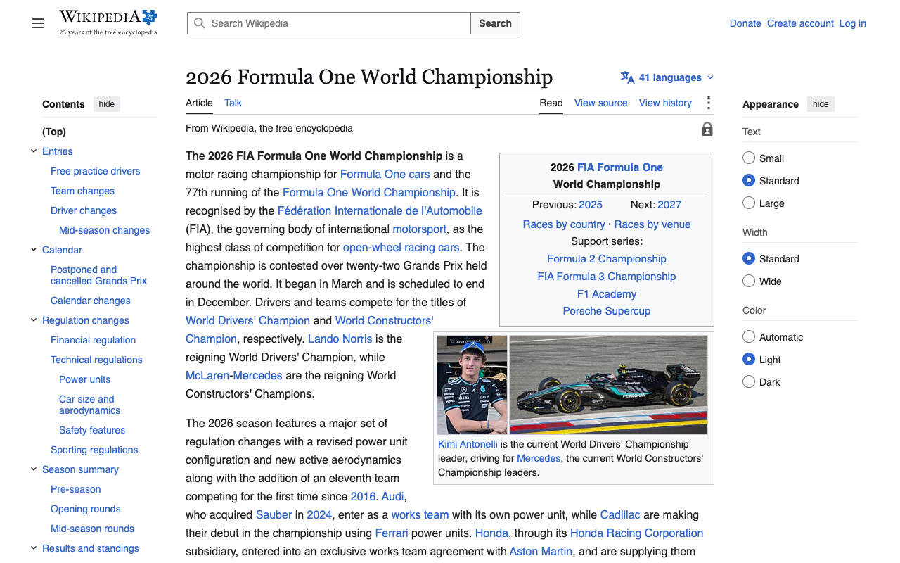 The Wikipedia article for the 2026 Formula One World Championship, noting that the championship is contested over twenty-two Grands Prix and scheduled to end in December, with an infobox caption identifying Kimi Antonelli as the current World Drivers' Championship leader driving for Mercedes
