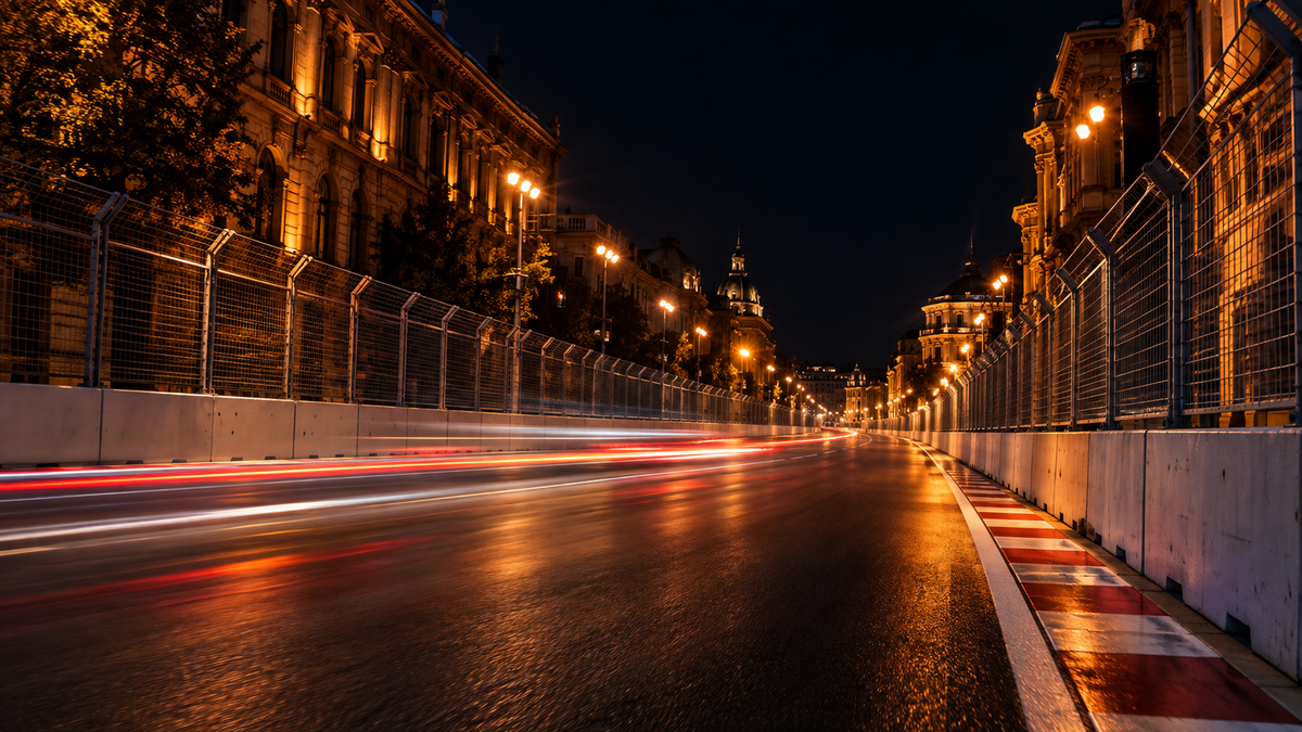 Night view down the floodlit main straight of a city street circuit walled with concrete barriers and debris fencing, light trails streaking across the asphalt