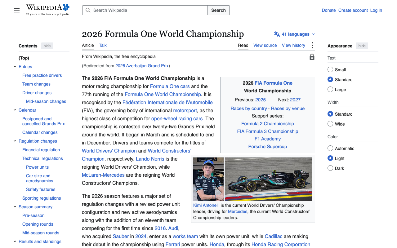 Wikipedia article for the 2026 Formula One World Championship, reached by redirect from 2026 Azerbaijan Grand Prix, noting Kimi Antonelli as the current drivers championship leader for Mercedes