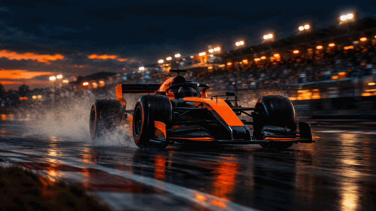 Cinematic dusk photograph of an unbranded orange and black open-wheel racing car cornering on wet asphalt, spray rising from the rear tyres, floodlit grandstand bokeh behind and an orange sunset band on the horizon