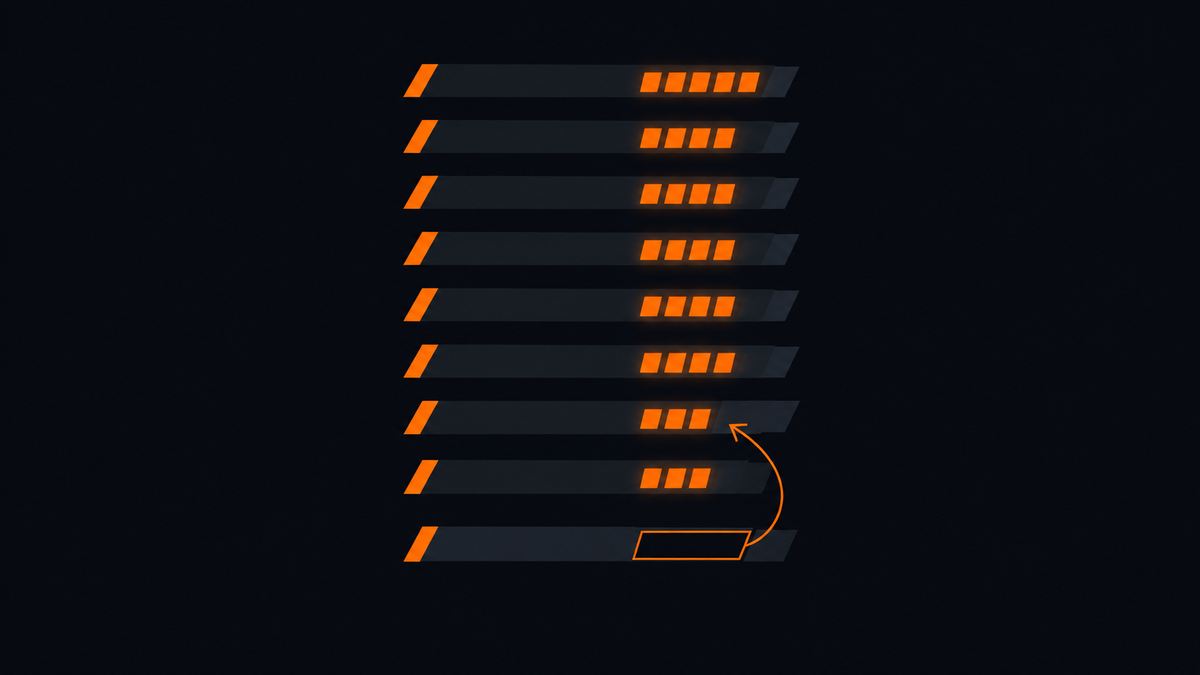 Flat vector illustration of a constructors' standings board drawn as a stack of dark horizontal slats: the upper slats carry small glowing orange score blocks, the second-from-bottom slat carries only three, and the bottom slat's score area is an empty outlined rectangle, with an orange racing-line arc sweeping up from the empty slat to the one with three blocks