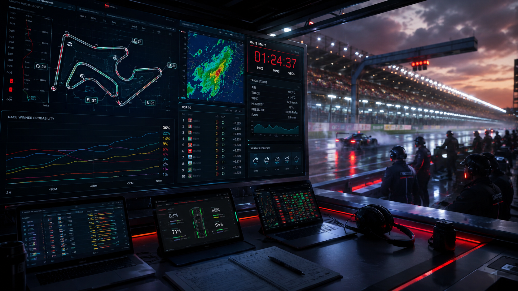 Formula 1 race weekend odds dashboard with countdown and weather signals