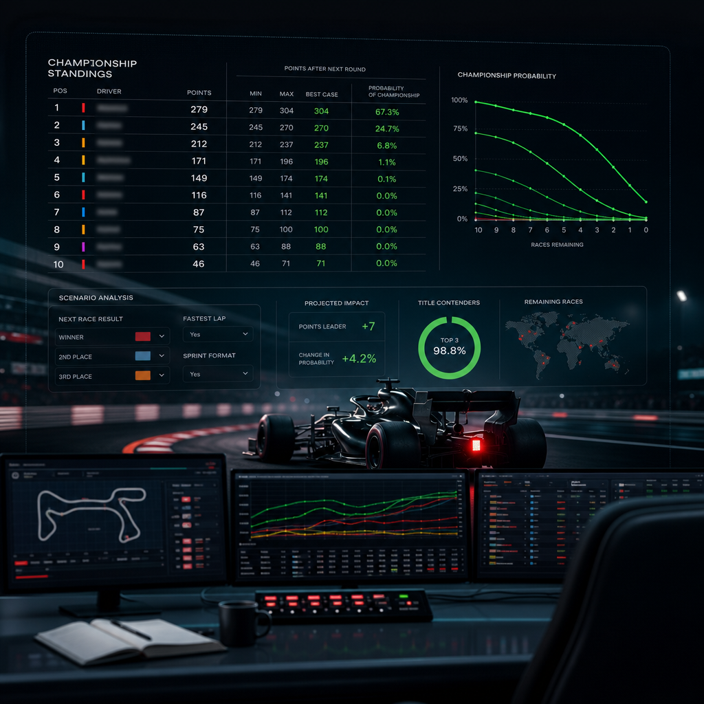 Formula 1 points calculator dashboard with championship standings and market odds