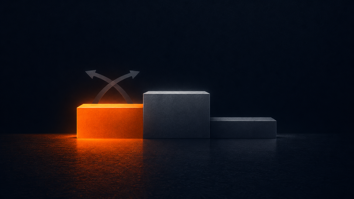Flat vector illustration on a dark navy background: a three-step podium seen straight on, with the tall centre first-place step dimmed in grey and closed off, while the second-place step beside it glows bright orange and two faint grey arrows cross above it to suggest positions still swapping