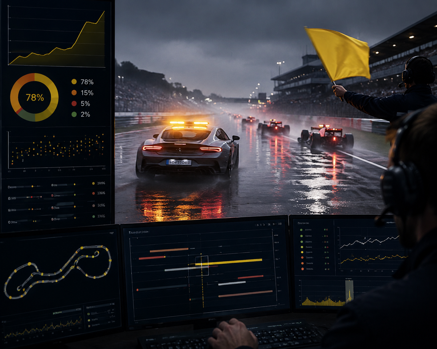 Formula 1 safety car odds dashboard showing incident risk and pit window probability