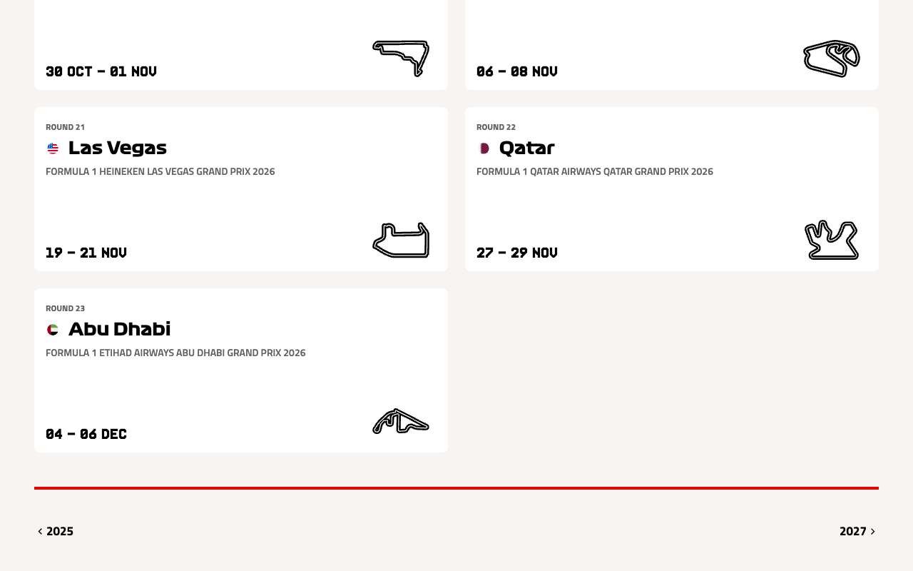 Screenshot of the tail of the official Formula 1 2026 race calendar on formula1.com showing round 21 Las Vegas on 19 to 21 November, round 22 Qatar at Lusail on 27 to 29 November and round 23 Abu Dhabi on 4 to 6 December, with the calendar ending at round 23 above the navigation links to 2025 and 2027