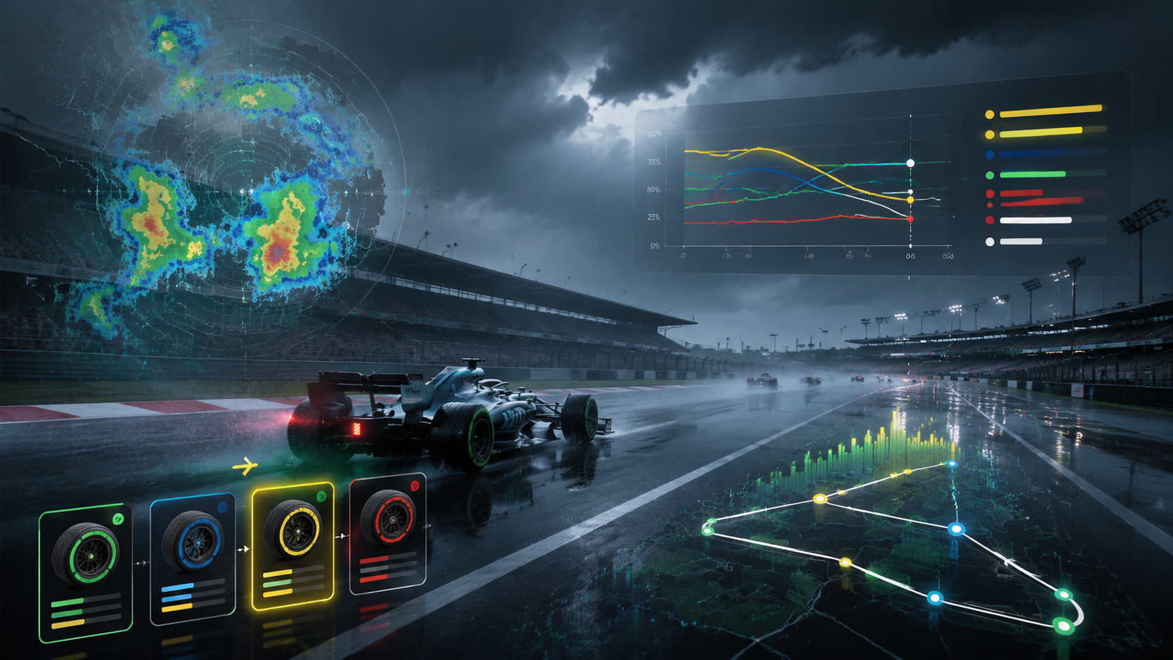 Wet Formula 1 circuit weather radar with odds movement overlay