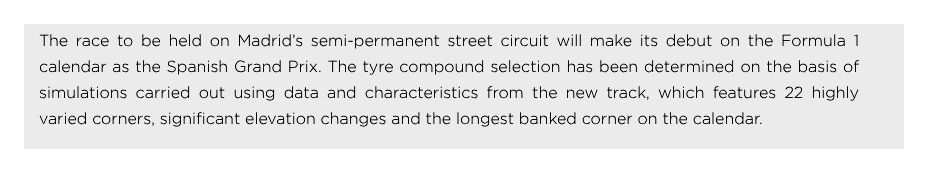Pirelli's press release stating that Madrid's semi-permanent street circuit features 22 highly varied corners, significant elevation changes and the longest banked corner on the calendar