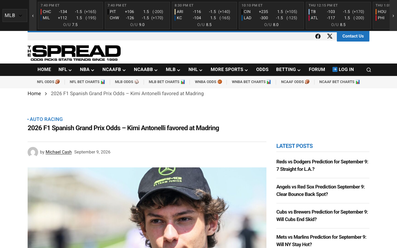 TheSpread's 2026 F1 Spanish Grand Prix odds article headlined Kimi Antonelli favored at Madring, published 9 September 2026