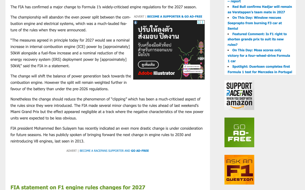 RaceFans report of 8 May 2026 quoting the FIA statement in full: the measures agreed in principle for 2027 would see a nominal increase in internal combustion engine power by approximately 50 kilowatts alongside a fuel-flow increase and a nominal reduction of energy recovery system deployment power by approximately 50 kilowatts, shifting the balance of power generation back towards the combustion engine and reducing clipping