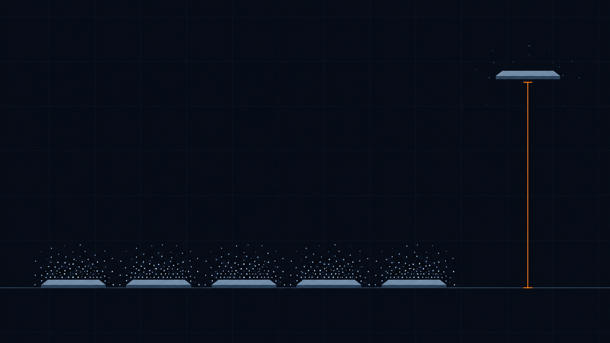 Flat vector illustration on a dark navy-black technical grid: five low flat platforms sit in a row on a baseline surrounded by dense pale dots, while a single platform floats far above them on the right with only a few scattered dots around it, joined to the baseline by a thin orange measuring line