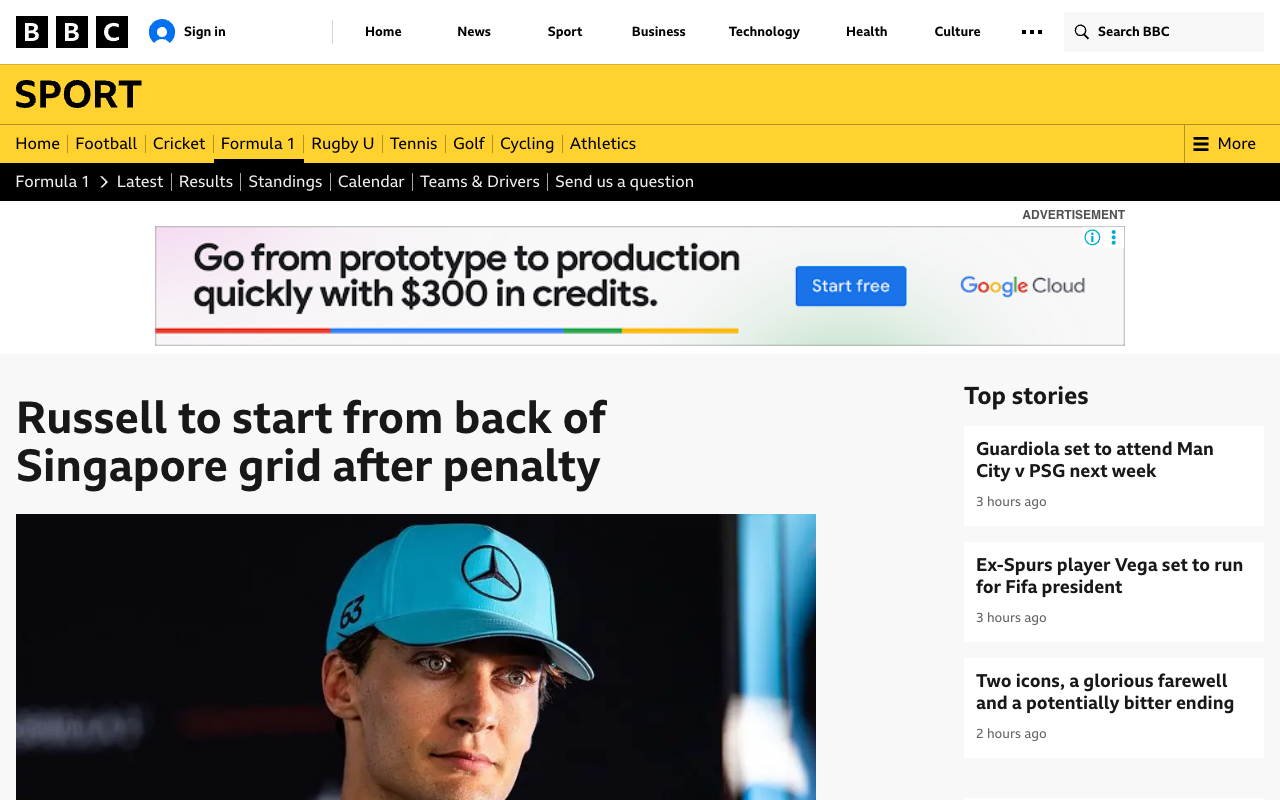 Screenshot of the BBC Sport Formula 1 article headlined Russell to start from back of Singapore grid after penalty, with a photograph of George Russell in a Mercedes cap