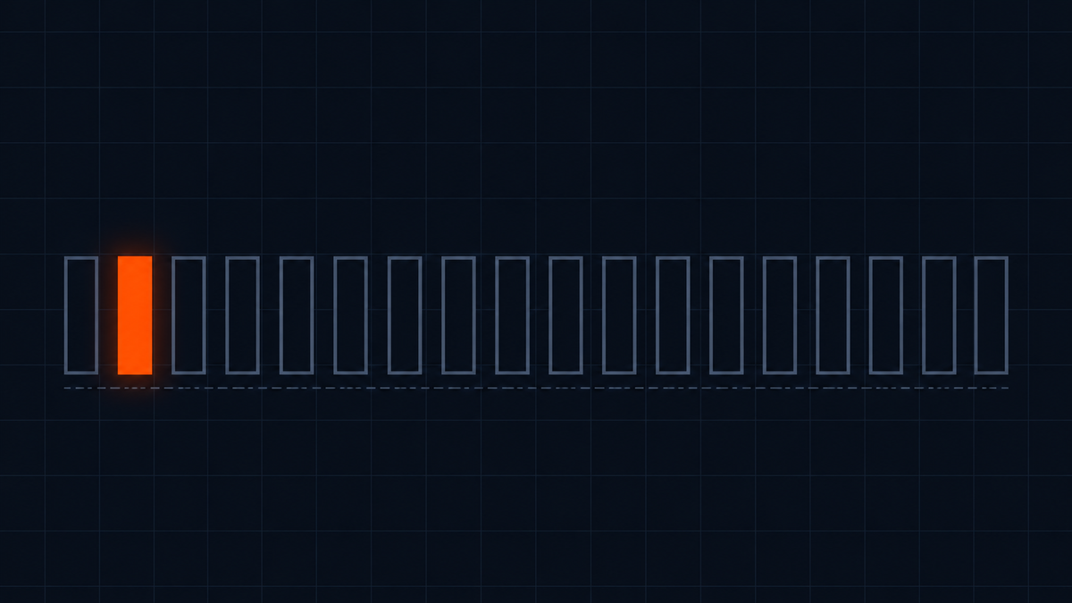 Flat vector illustration on a dark navy-black technical grid: a long horizontal row of about twenty identical narrow upright panels drawn as hollow grey-blue outlines with nothing inside them, except one panel near the left filled solid bright orange and glowing, with a thin dashed baseline running under all of them